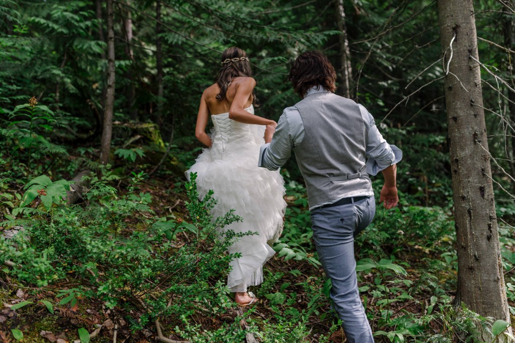 Bride and Groom boho style portraits into the woods Golden BC wedding